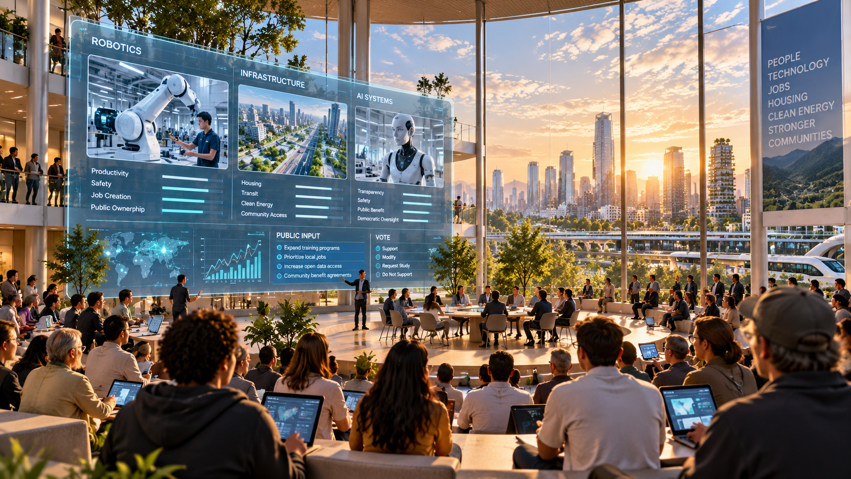 Citizens participate in decisions about technology, infrastructure, and community development.