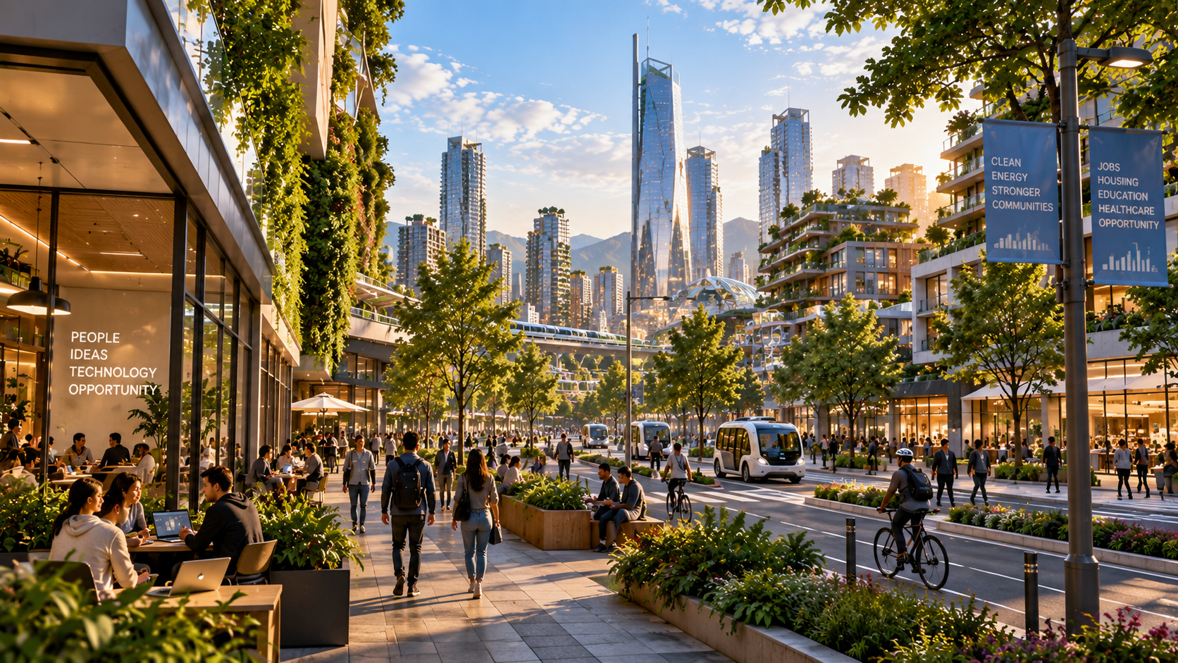 Modern cities integrate green spaces, sustainable architecture, and advanced transportation.