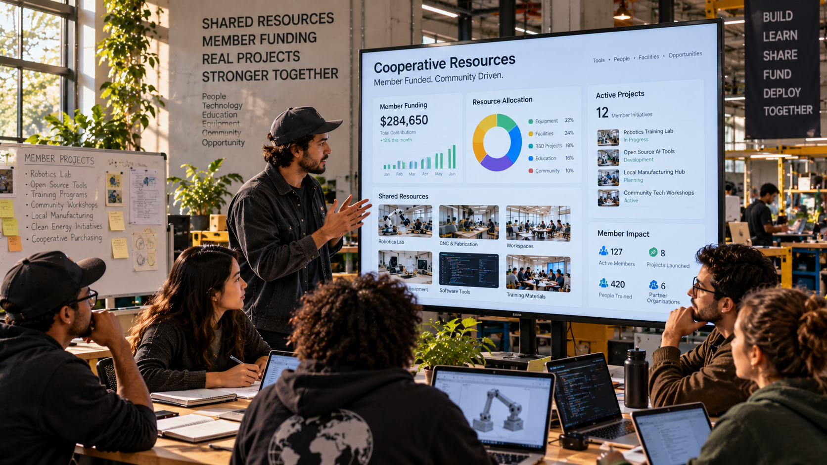 Members collectively fund projects, share resources, and invest in technology development.